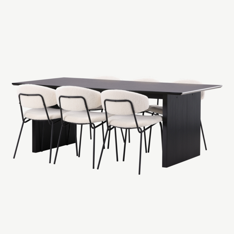 Ristkülikukujuline söögilauakomplekt Vail (must MDF laud ja valged bukleekangast toolid) - GR22964