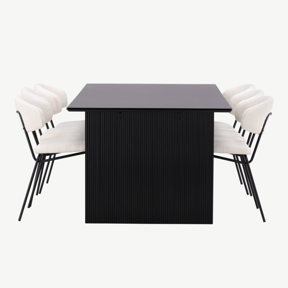 Ristkülikukujuline söögilauakomplekt Vail (must MDF laud ja valged bukleekangast toolid), GR22964 – 7