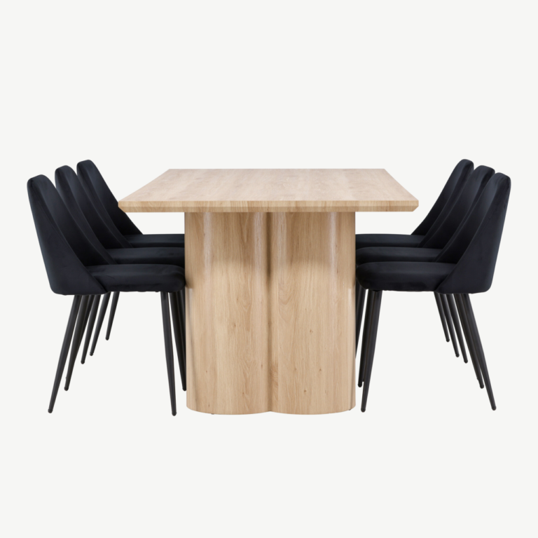 Ristkülikukujuline söögilauakomplekt: loodusliku viimistlusega Olivia söögilaud 210×100 cm ja 6 musta Night sarja polüesterveluurist tooli - GR24547