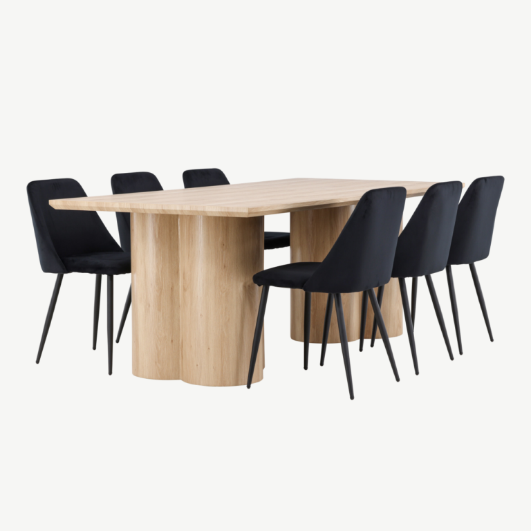 Ristkülikukujuline söögilauakomplekt: loodusliku viimistlusega Olivia söögilaud 210×100 cm ja 6 musta Night sarja polüesterveluurist tooli - GR24547