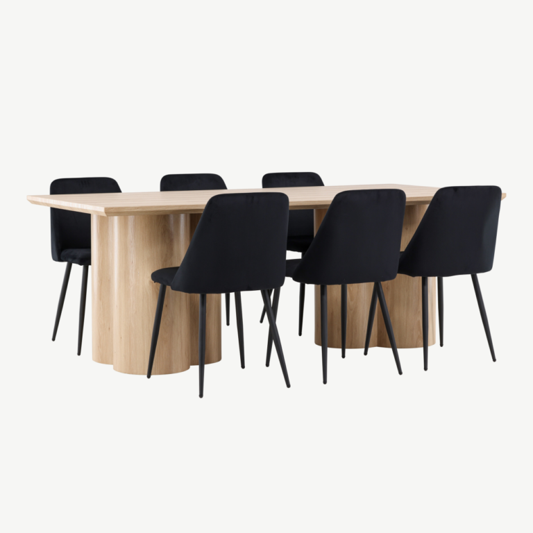 Ristkülikukujuline söögilauakomplekt: loodusliku viimistlusega Olivia söögilaud 210×100 cm ja 6 musta Night sarja polüesterveluurist tooli - GR24547