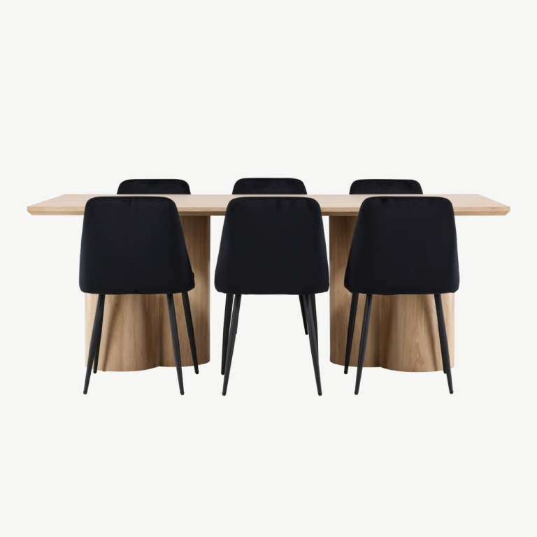 Ristkülikukujuline söögilauakomplekt: loodusliku viimistlusega Olivia söögilaud 210×100 cm ja 6 musta Night sarja polüesterveluurist tooli - GR24547