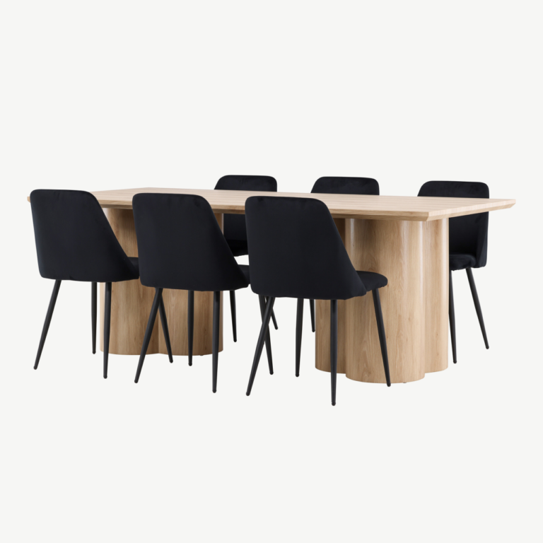 Ristkülikukujuline söögilauakomplekt: loodusliku viimistlusega Olivia söögilaud 210×100 cm ja 6 musta Night sarja polüesterveluurist tooli - GR24547