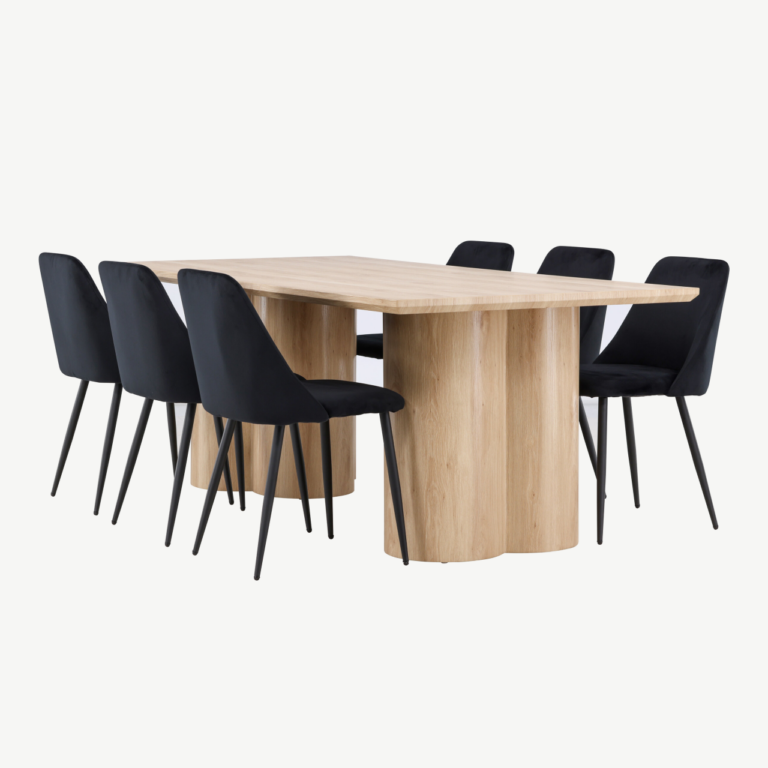 Ristkülikukujuline söögilauakomplekt: loodusliku viimistlusega Olivia söögilaud 210×100 cm ja 6 musta Night sarja polüesterveluurist tooli - GR24547