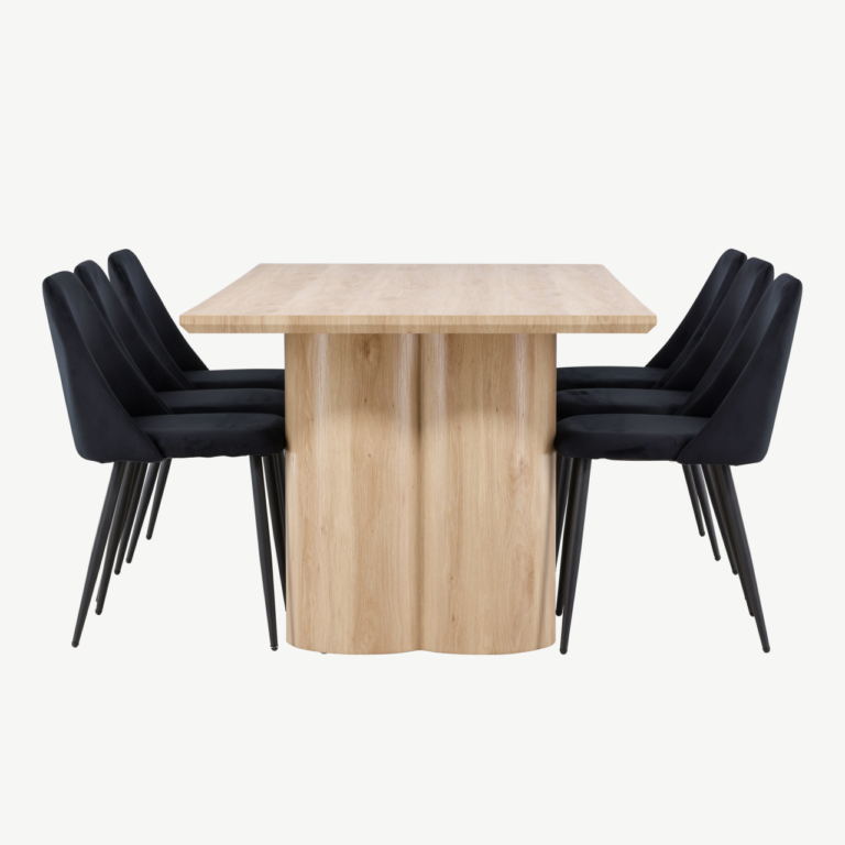 Ristkülikukujuline söögilauakomplekt: loodusliku viimistlusega Olivia söögilaud 210×100 cm ja 6 musta Night sarja polüesterveluurist tooli - GR24547