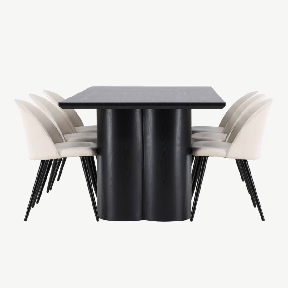 Ristkülikukujuline söögilauakomplekt: must Olivia MDF laud 210×100 cm ja 6 beeži velvetkattega tooli, GR24600 – 2