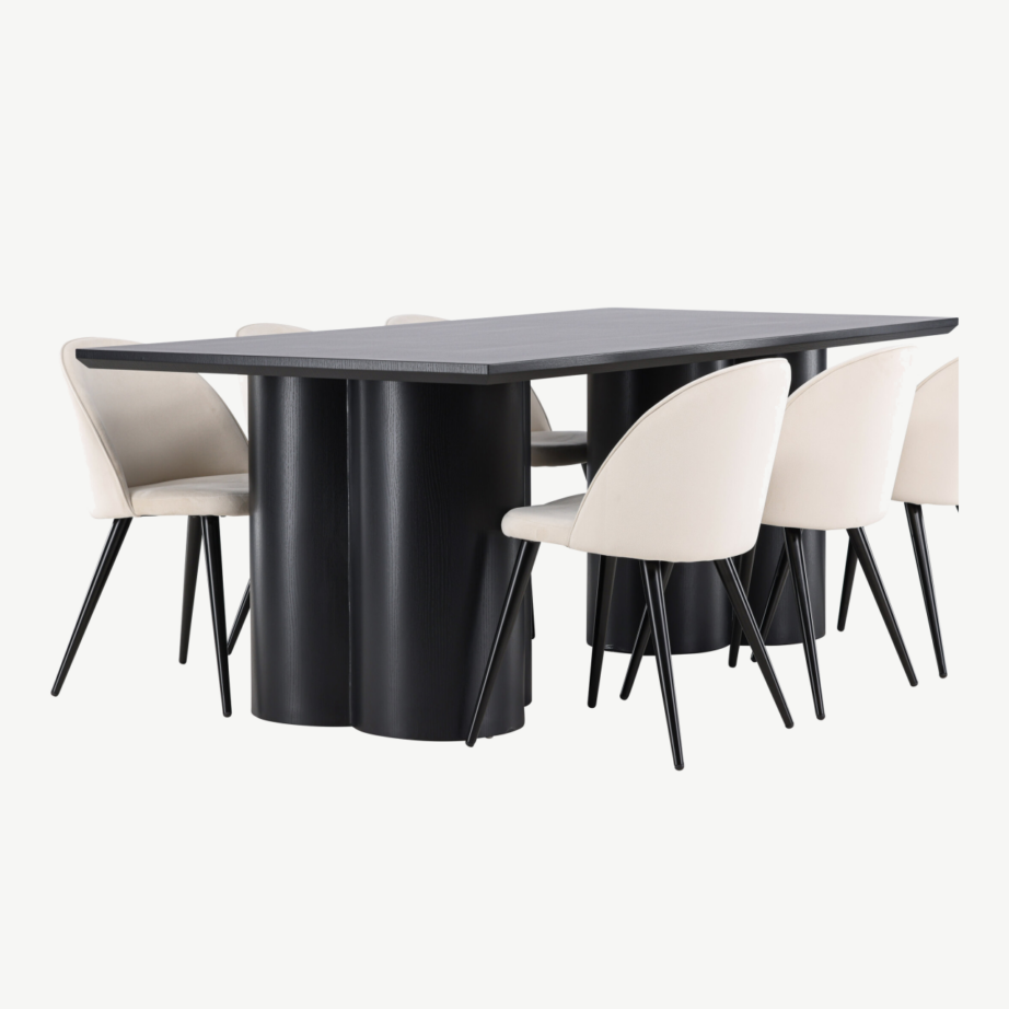 Ristkülikukujuline söögilauakomplekt: must Olivia MDF laud 210×100 cm ja 6 beeži velvetkattega tooli, GR24600 – 3