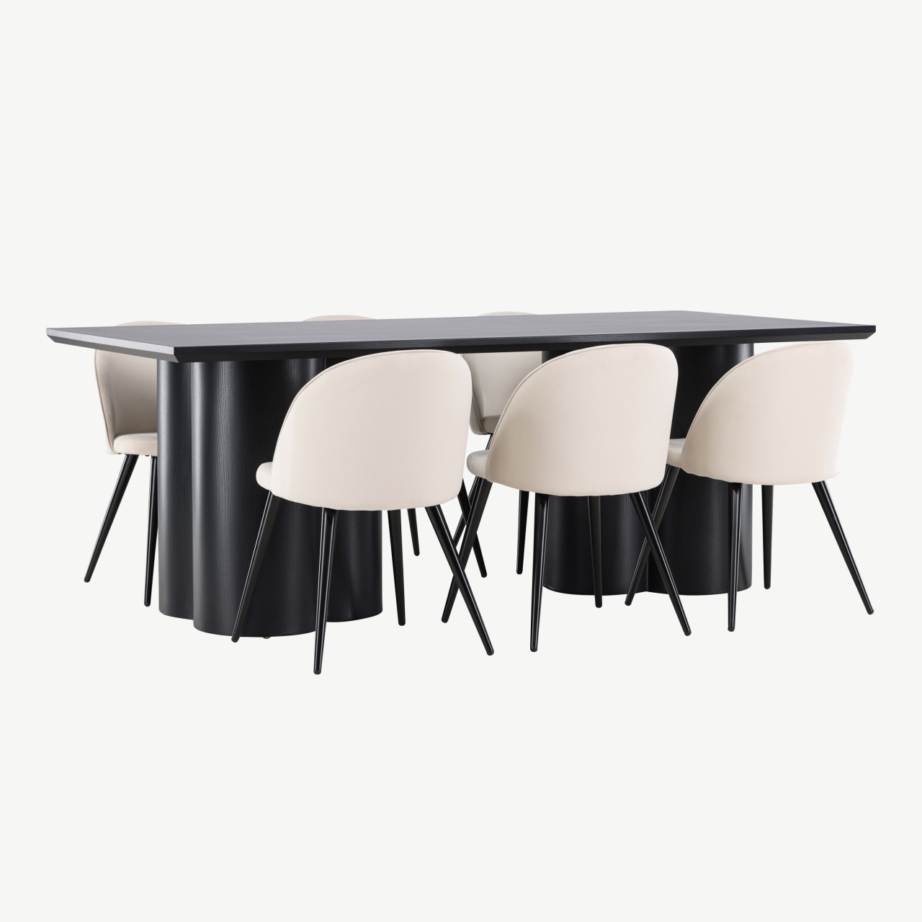 Ristkülikukujuline söögilauakomplekt: must Olivia MDF laud 210×100 cm ja 6 beeži velvetkattega tooli, GR24600 – 4