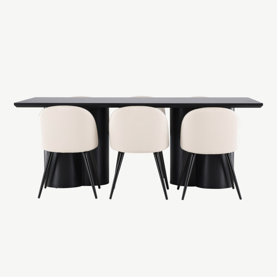 Ristkülikukujuline söögilauakomplekt: must Olivia MDF laud 210×100 cm ja 6 beeži velvetkattega tooli, GR24600 – 5