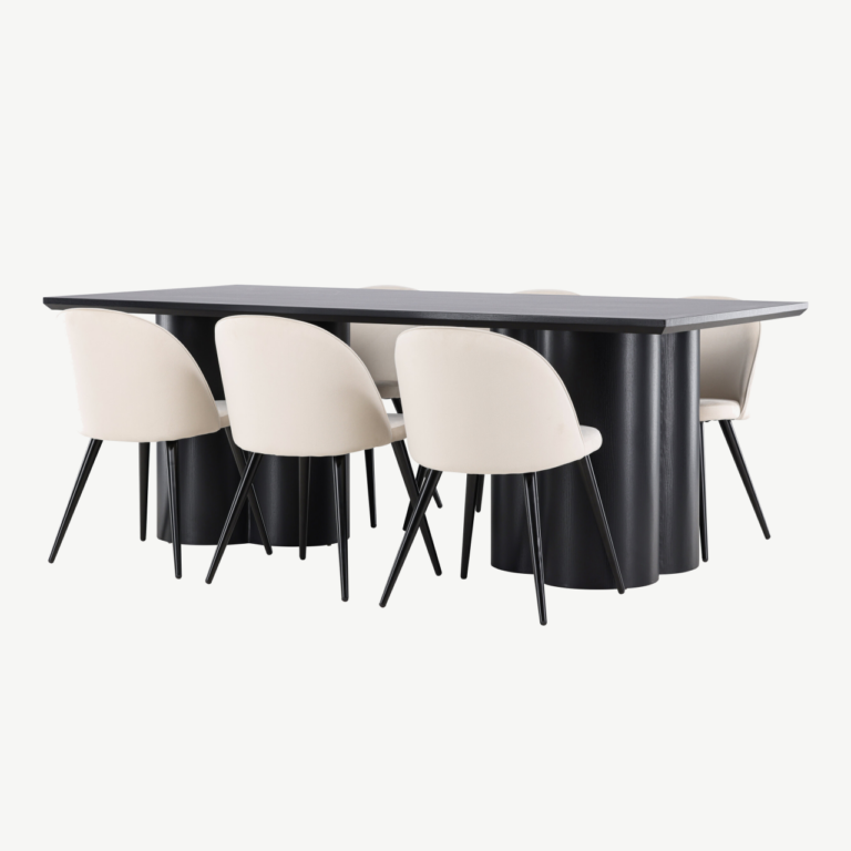 Ristkülikukujuline söögilauakomplekt: must Olivia MDF laud 210x100 cm ja 6 beeži velvetkattega tooli - GR24600