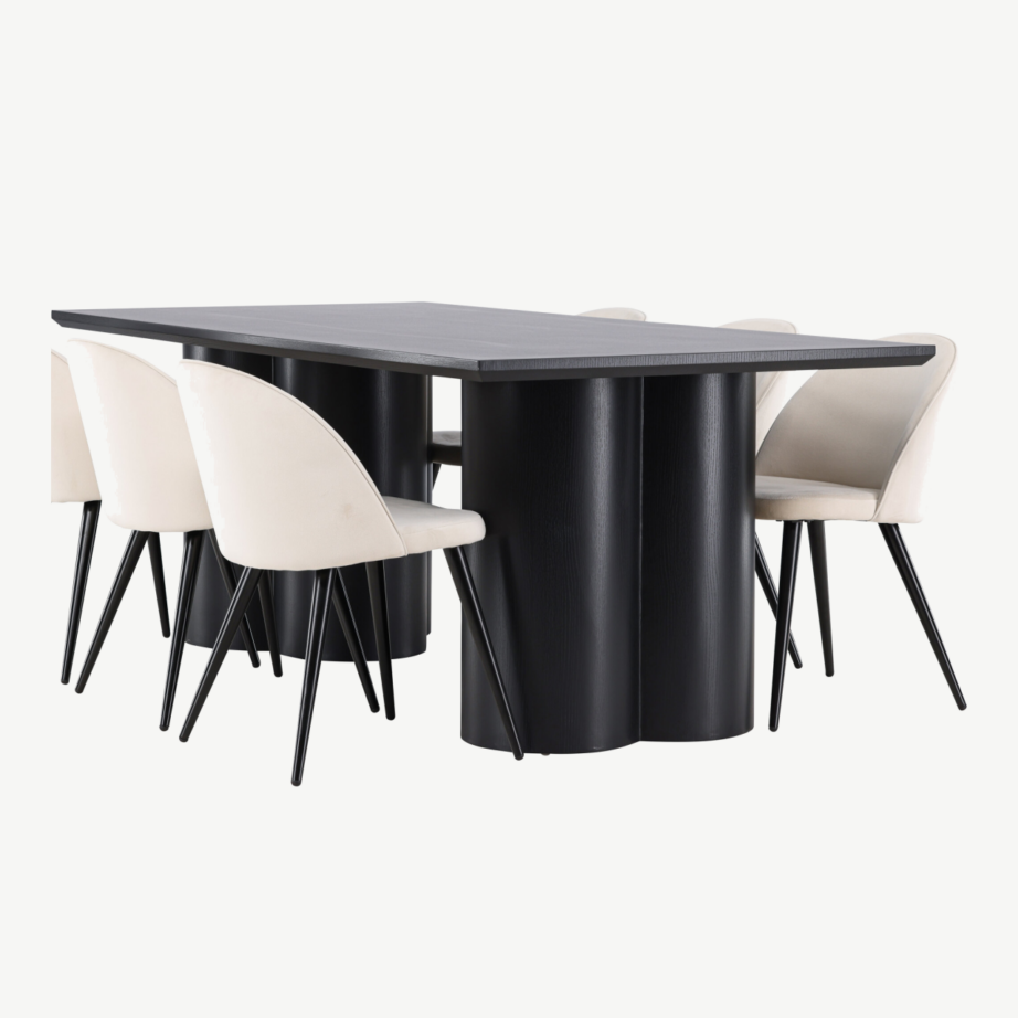 Ristkülikukujuline söögilauakomplekt: must Olivia MDF laud 210×100 cm ja 6 beeži velvetkattega tooli, GR24600 – 6