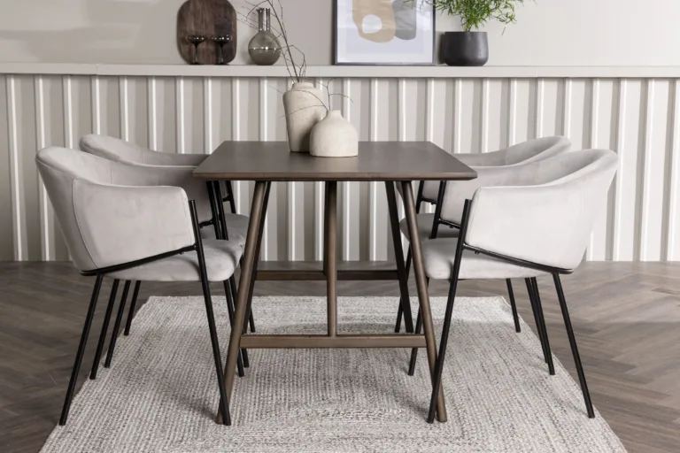 Ristkülikukujuline söögilaud Kaseindon ja hall velvetkattega söögitool Evelina (tumepruun MDF, kummipuit, must teras) - GR23865