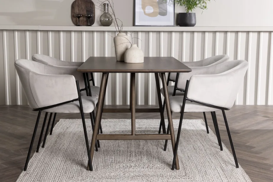 Ristkülikukujuline söögilaud Kaseindon ja hall velvetkattega söögitool Evelina (tumepruun MDF, kummipuit, must teras), GR23865 – 5