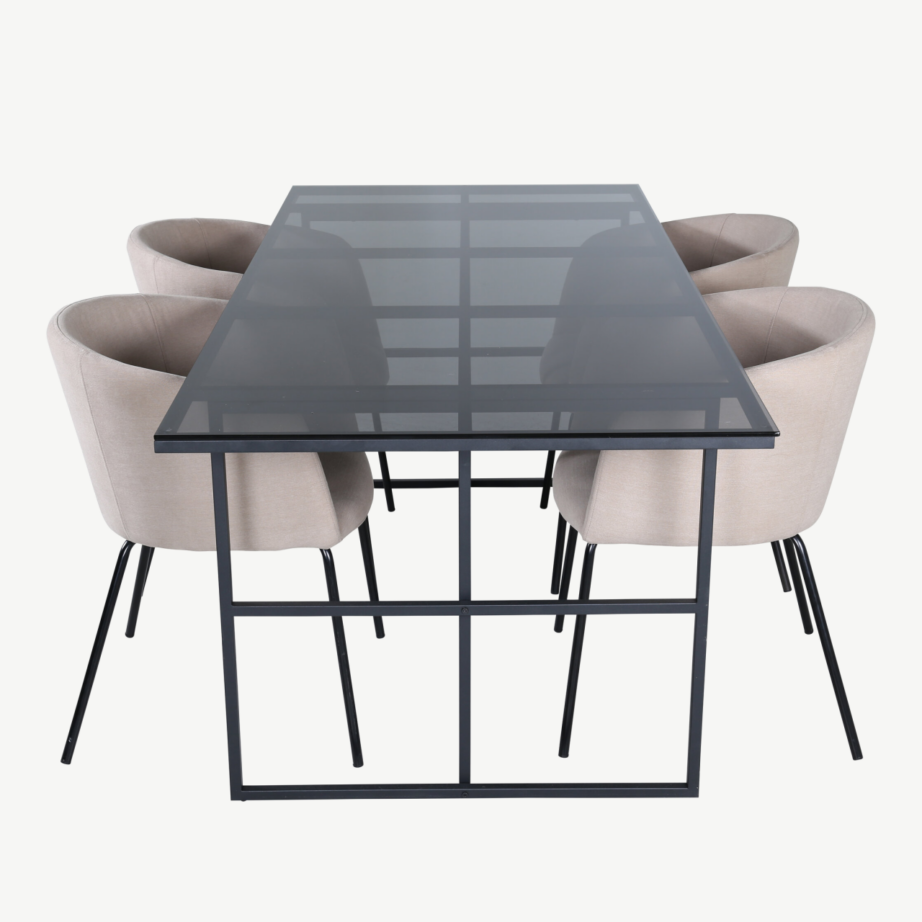 Ristkülikukujuline söögilaud Leif musta klaasiga ja neli beeži tooli Berit, GR22378 – 2