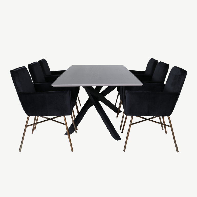 Ristkülikukujuline söögilaud Piazza ja 6 musta sametist Petra tugitooli (MDF, vasksete jalgadega) - GR22265
