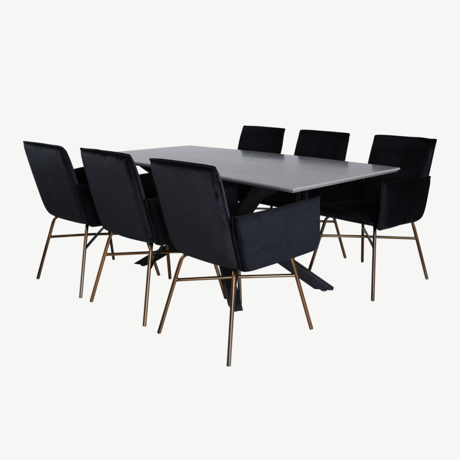 Ristkülikukujuline söögilaud Piazza ja 6 musta sametist Petra tugitooli (MDF, vasksete jalgadega), GR22265 – 2