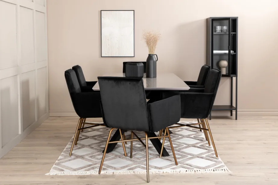 Ristkülikukujuline söögilaud Piazza ja 6 musta sametist Petra tugitooli (MDF, vasksete jalgadega), GR22265 – 5