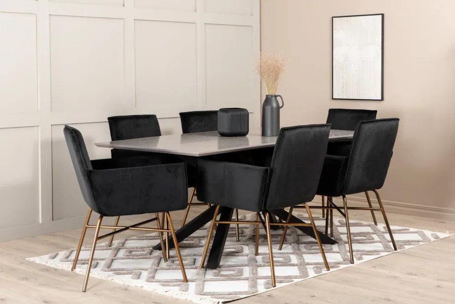 Ristkülikukujuline söögilaud Piazza ja 6 musta sametist Petra tugitooli (MDF, vasksete jalgadega), GR22265 – 6