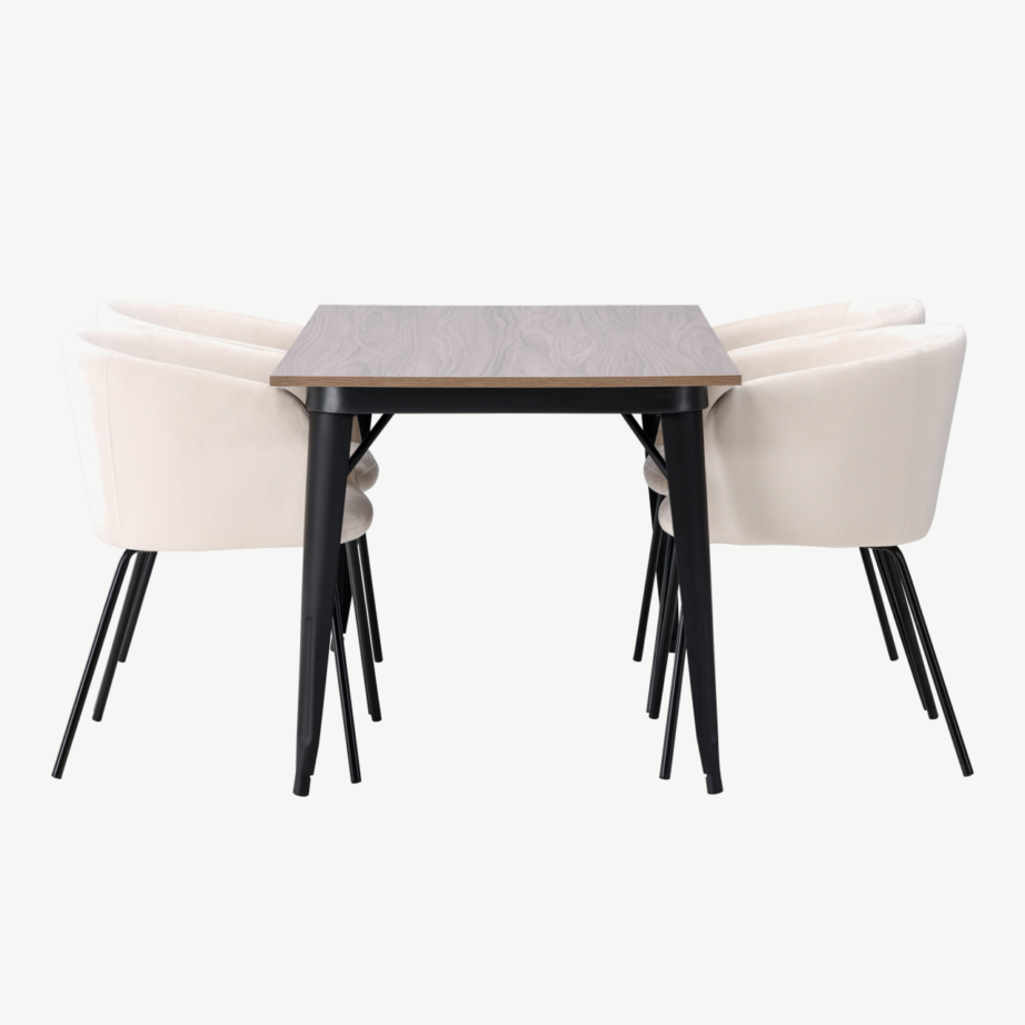 Ristkülikukujuline söögilaud Tempe ja beežid velvetist toolid Berit (pähkel/must metall), GR22925 – 2