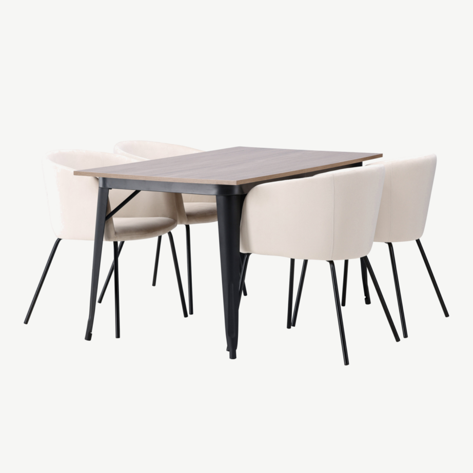 Ristkülikukujuline söögilaud Tempe ja beežid velvetist toolid Berit (pähkel/must metall), GR22925 – 3