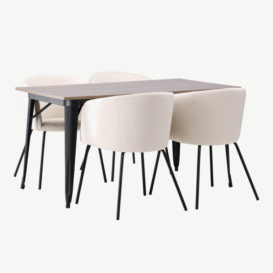 Ristkülikukujuline söögilaud Tempe ja beežid velvetist toolid Berit (pähkel/must metall), GR22925 – 4