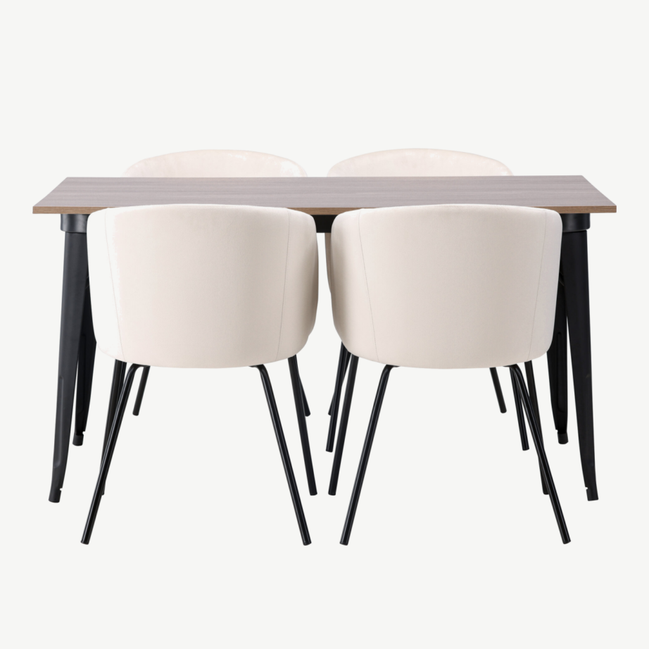 Ristkülikukujuline söögilaud Tempe ja beežid velvetist toolid Berit (pähkel/must metall), GR22925 – 5