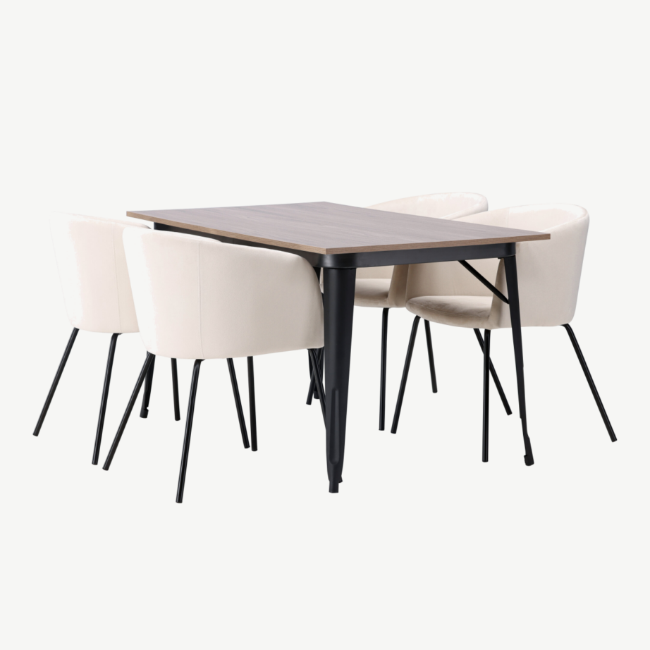 Ristkülikukujuline söögilaud Tempe ja beežid velvetist toolid Berit (pähkel/must metall), GR22925 – 6