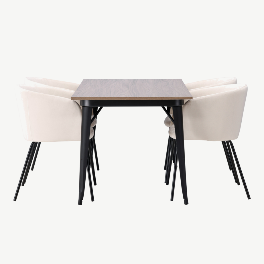 Ristkülikukujuline söögilaud Tempe ja beežid velvetist toolid Berit (pähkel/must metall), GR22925 – 7