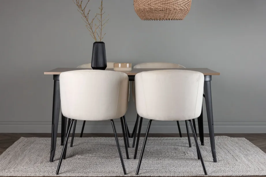 Ristkülikukujuline söögilaud Tempe ja beežid velvetist toolid Berit (pähkel/must metall), GR22925 – 8