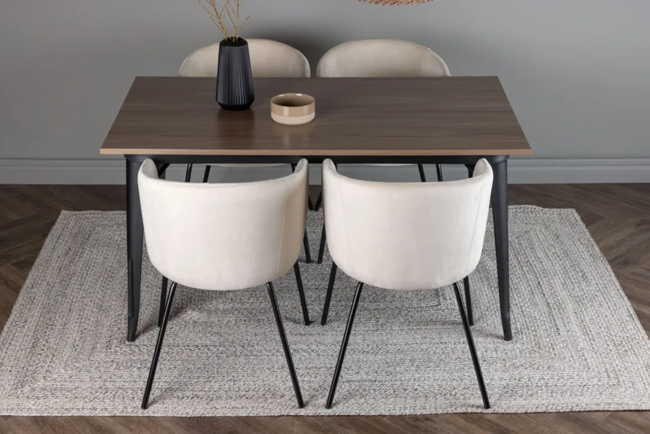 Ristkülikukujuline söögilaud Tempe ja beežid velvetist toolid Berit (pähkel/must metall), GR22925 – 9