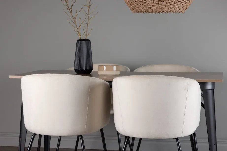 Ristkülikukujuline söögilaud Tempe ja beežid velvetist toolid Berit (pähkel/must metall), GR22925 – 10