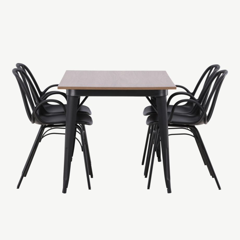 Ristkülikukujuline söögilaud Tempe ja mustad Dyrön toolid (pähklivärvi MDF, 4 kohta), GR22984 – 2