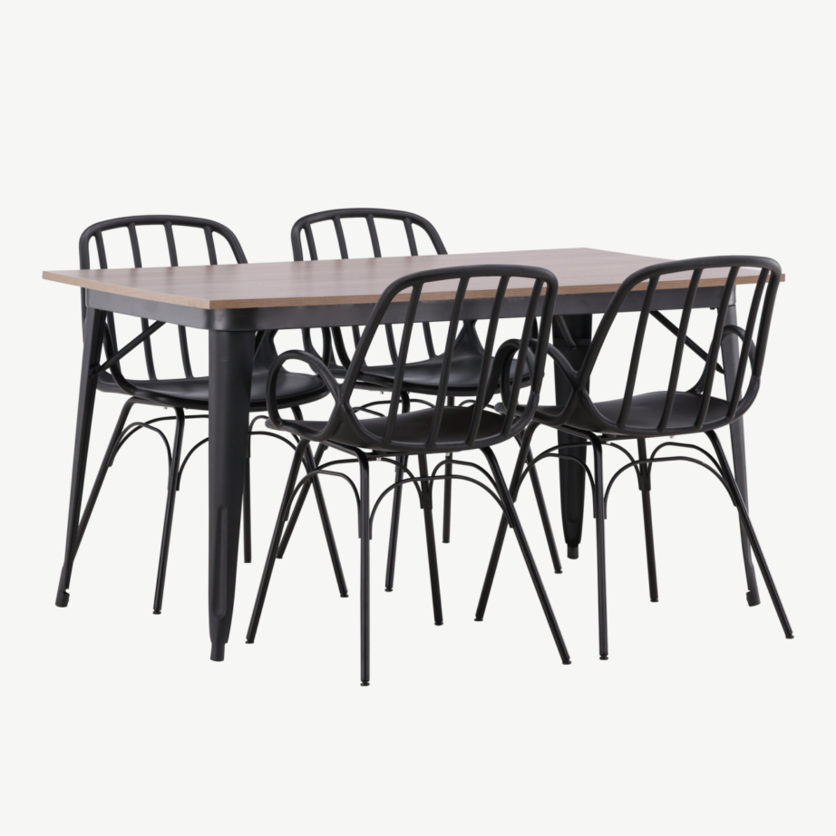 Ristkülikukujuline söögilaud Tempe ja mustad Dyrön toolid (pähklivärvi MDF, 4 kohta), GR22984 – 4