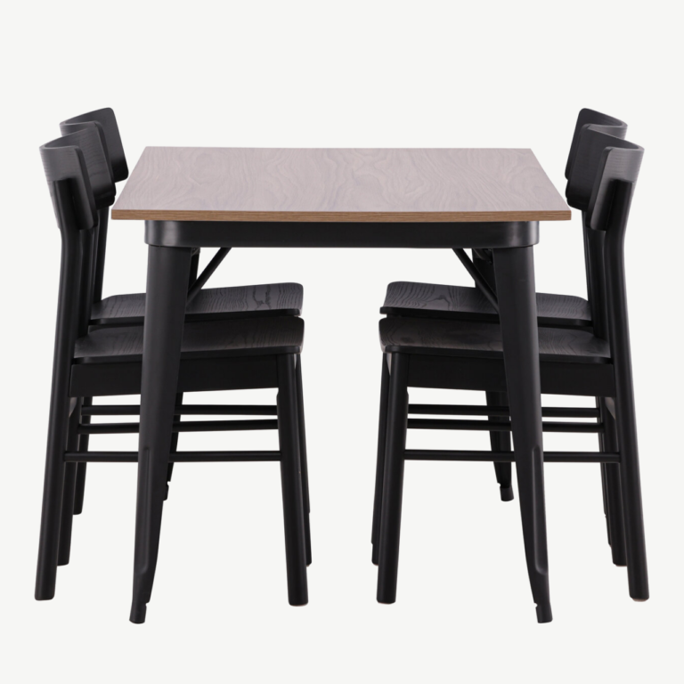 Ristkülikukujuline söögilaud Tempe ja neli musta Montros tooli (pähkel/MDF, must kask) - GR22988