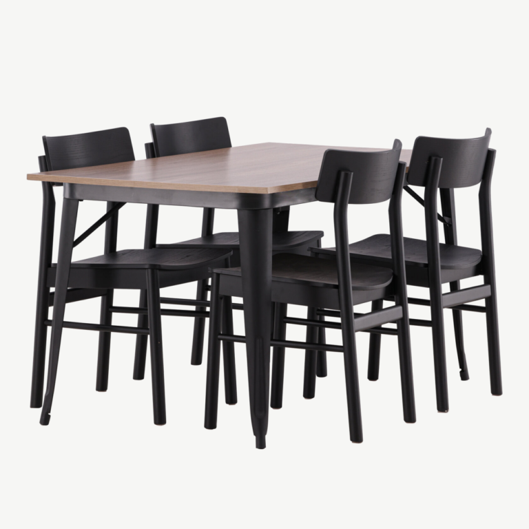 Ristkülikukujuline söögilaud Tempe ja neli musta Montros tooli (pähkel/MDF, must kask) - GR22988