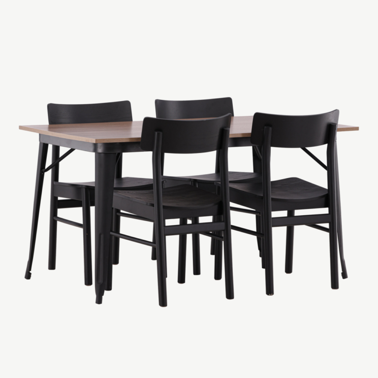 Ristkülikukujuline söögilaud Tempe ja neli musta Montros tooli (pähkel/MDF, must kask) - GR22988