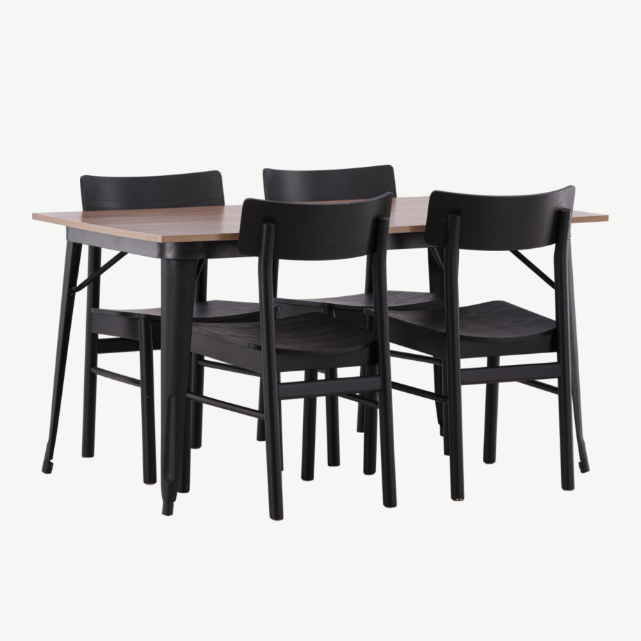 Ristkülikukujuline söögilaud Tempe ja neli musta Montros tooli (pähkel/MDF, must kask), GR22988 – 4