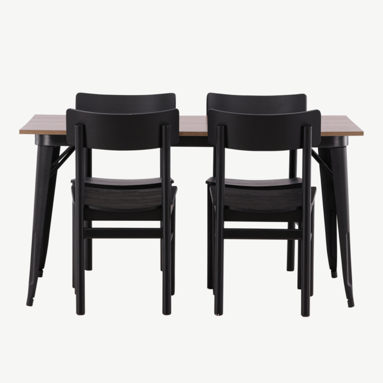 Ristkülikukujuline söögilaud Tempe ja neli musta Montros tooli (pähkel/MDF, must kask) - GR22988