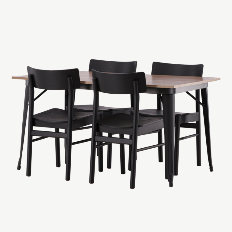 Ristkülikukujuline söögilaud Tempe ja neli musta Montros tooli (pähkel/MDF, must kask) - GR22988