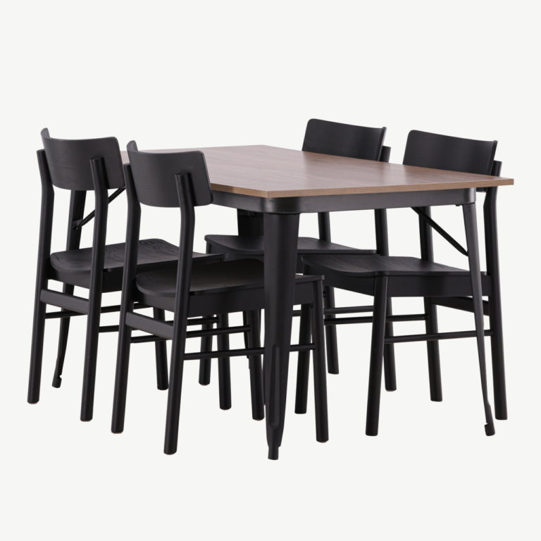 Ristkülikukujuline söögilaud Tempe ja neli musta Montros tooli (pähkel/MDF, must kask) - GR22988