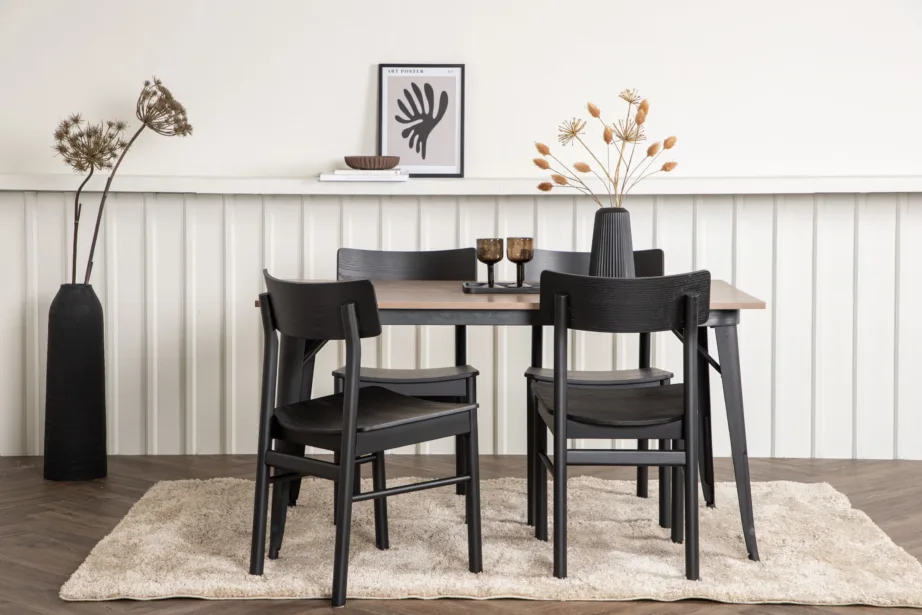 Ristkülikukujuline söögilaud Tempe ja neli musta Montros tooli (pähkel/MDF, must kask), GR22988 – 8