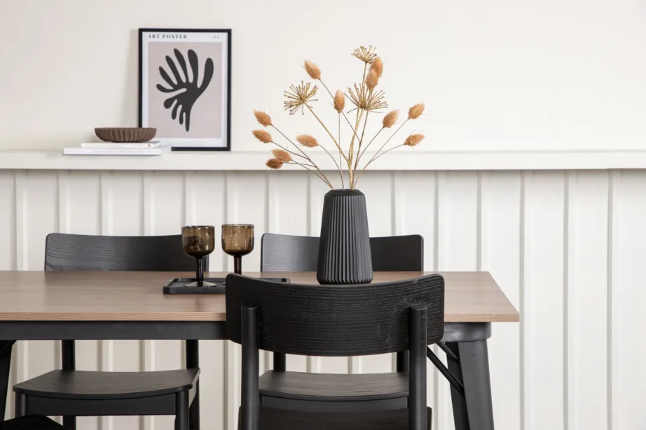 Ristkülikukujuline söögilaud Tempe ja neli musta Montros tooli (pähkel/MDF, must kask), GR22988 – 11