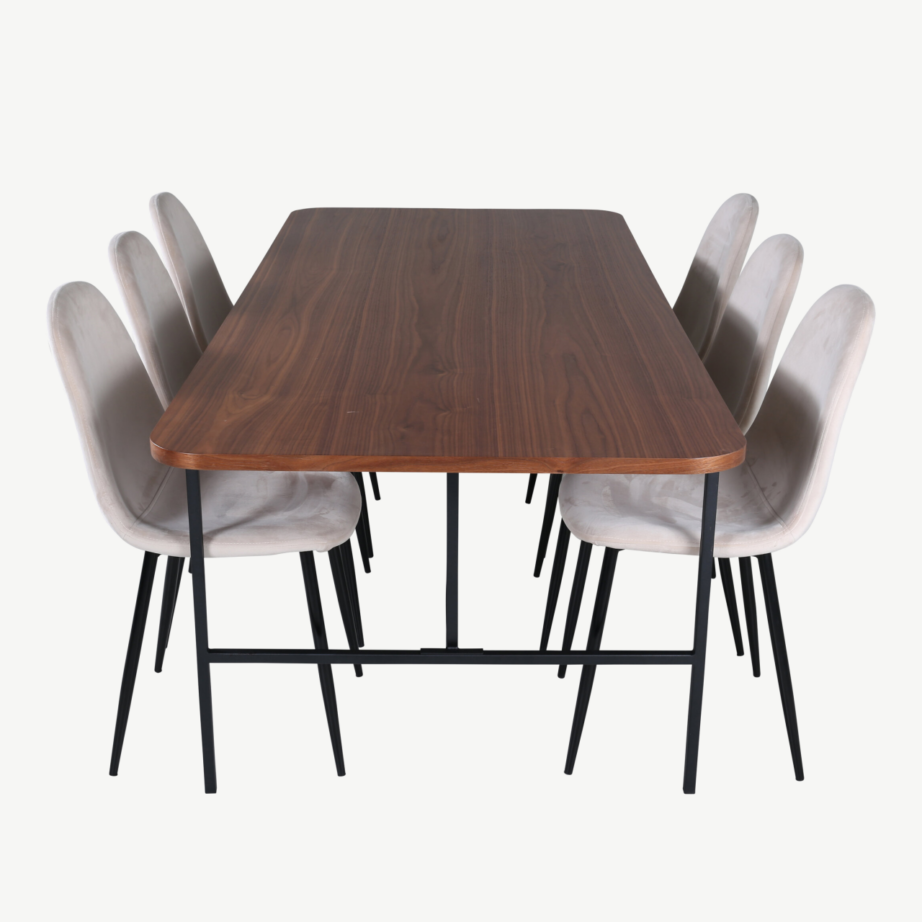 Ristkülikukujuline söögilaud Uno ja 6 Polar tooli (pähklivineer, beež samet, must metall), GR22151 – 2