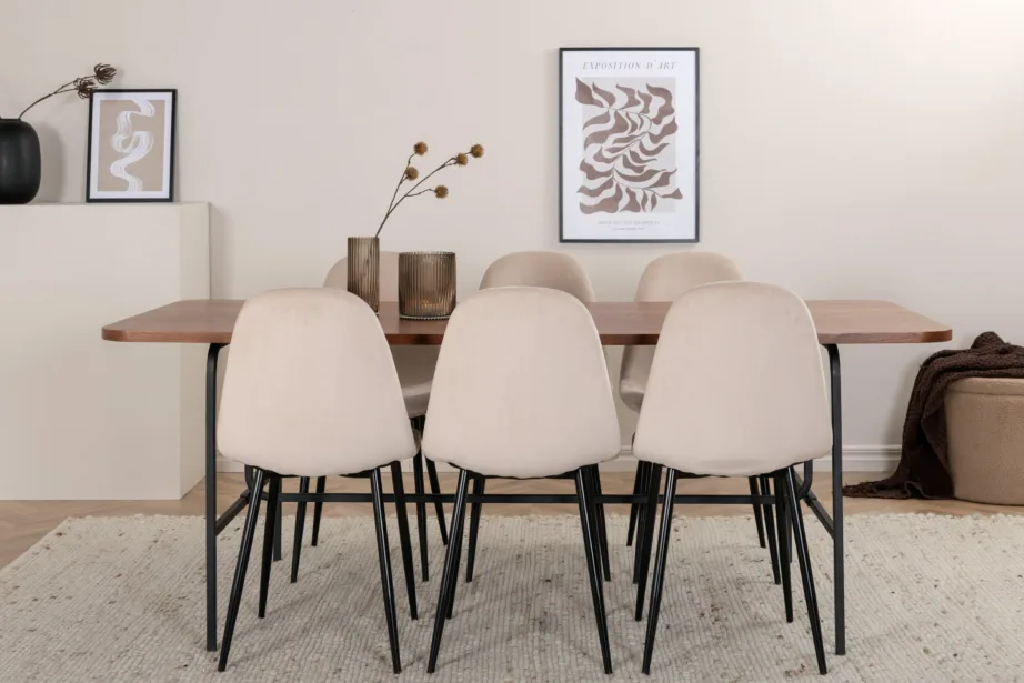 Ristkülikukujuline söögilaud Uno ja 6 Polar tooli (pähklivineer, beež samet, must metall), GR22151 – 5