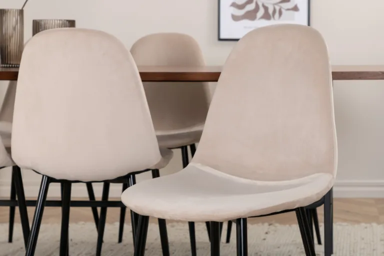 Ristkülikukujuline söögilaud Uno ja 6 Polar tooli (pähklivineer, beež samet, must metall) - GR22151