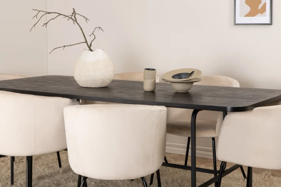 Ristkülikukujuline söögilaud Uno ja 6 beeži sametkattega tooli, GR22408 – 9