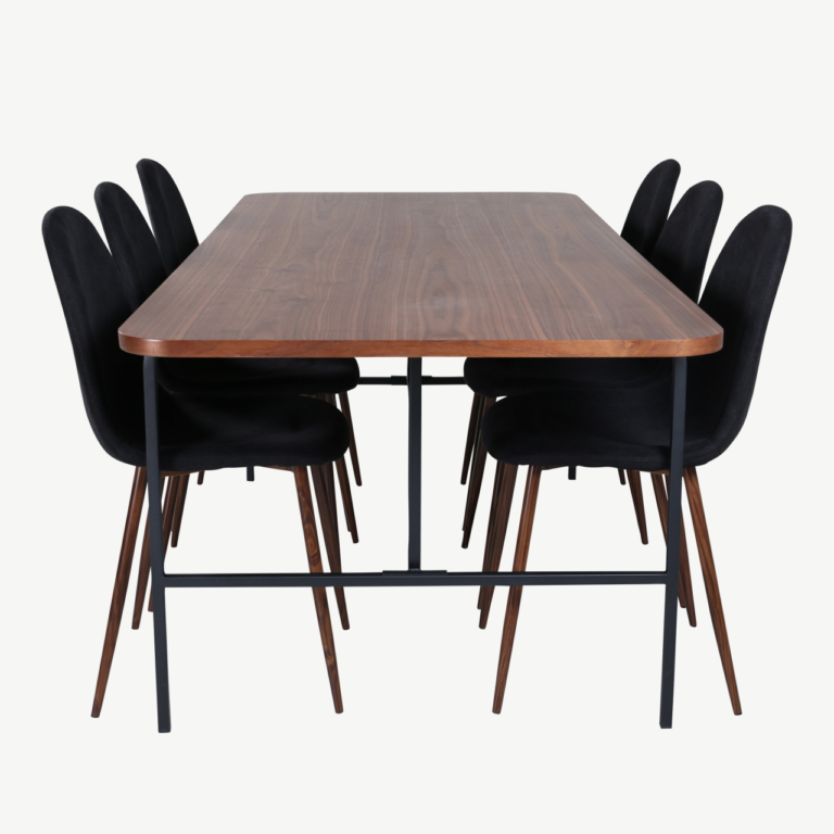 Ristkülikukujuline söögilaud Uno ja Polar toolid (pähklivineer, must metall, 200x90cm) - GR22147