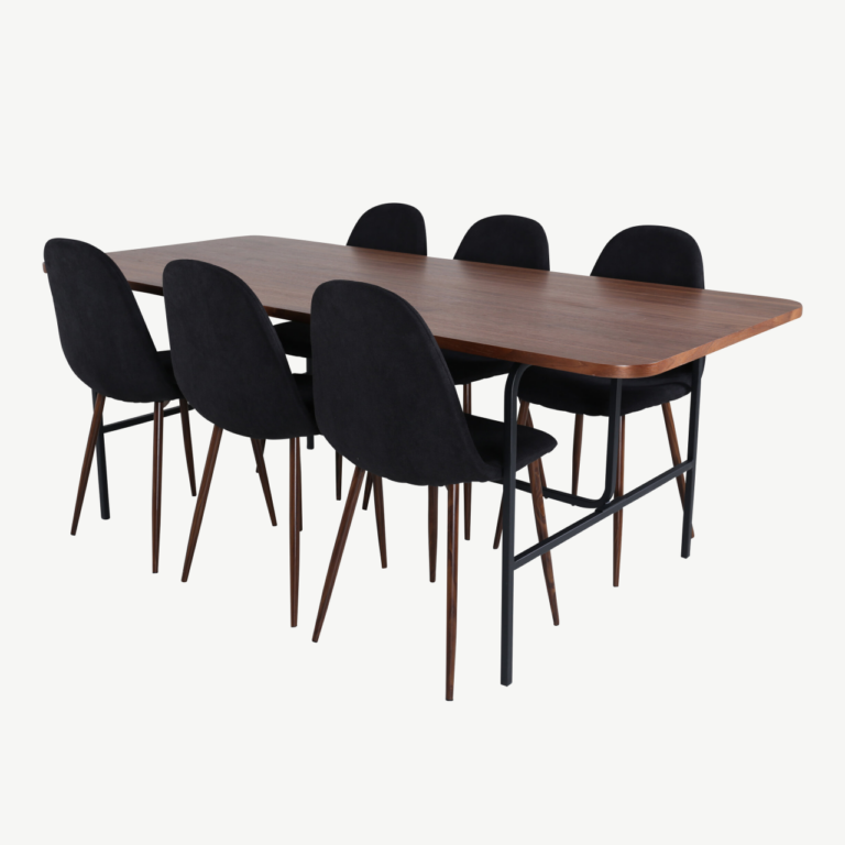 Ristkülikukujuline söögilaud Uno ja Polar toolid (pähklivineer, must metall, 200x90cm) - GR22147