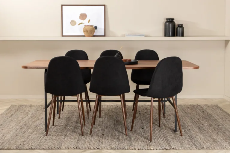 Ristkülikukujuline söögilaud Uno ja Polar toolid (pähklivineer, must metall, 200x90cm) - GR22147