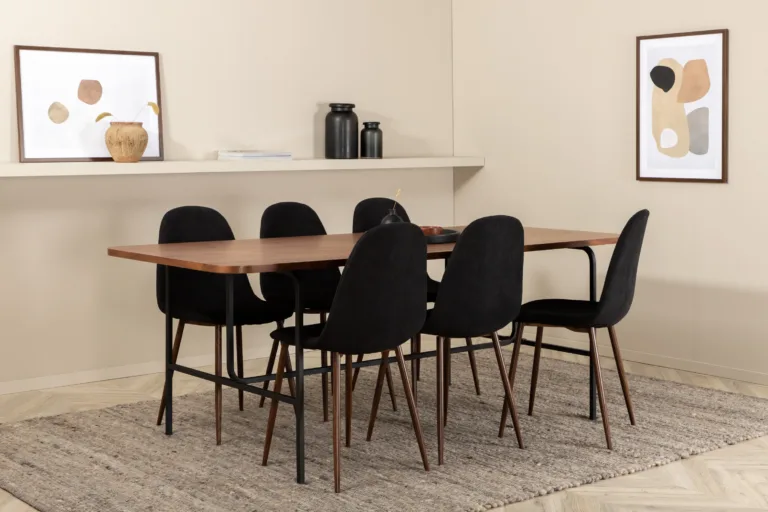 Ristkülikukujuline söögilaud Uno ja Polar toolid (pähklivineer, must metall, 200x90cm) - GR22147